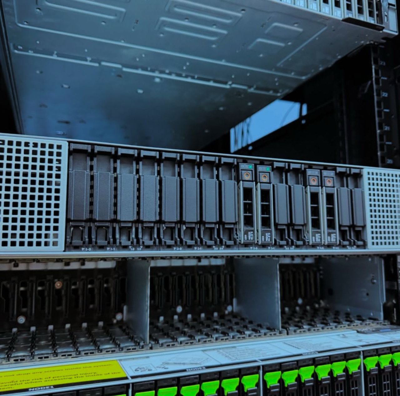 Server nodes prepared for the HyperNext direct-to-chip cooling retrofit, showing the chassis bays and drive sleds