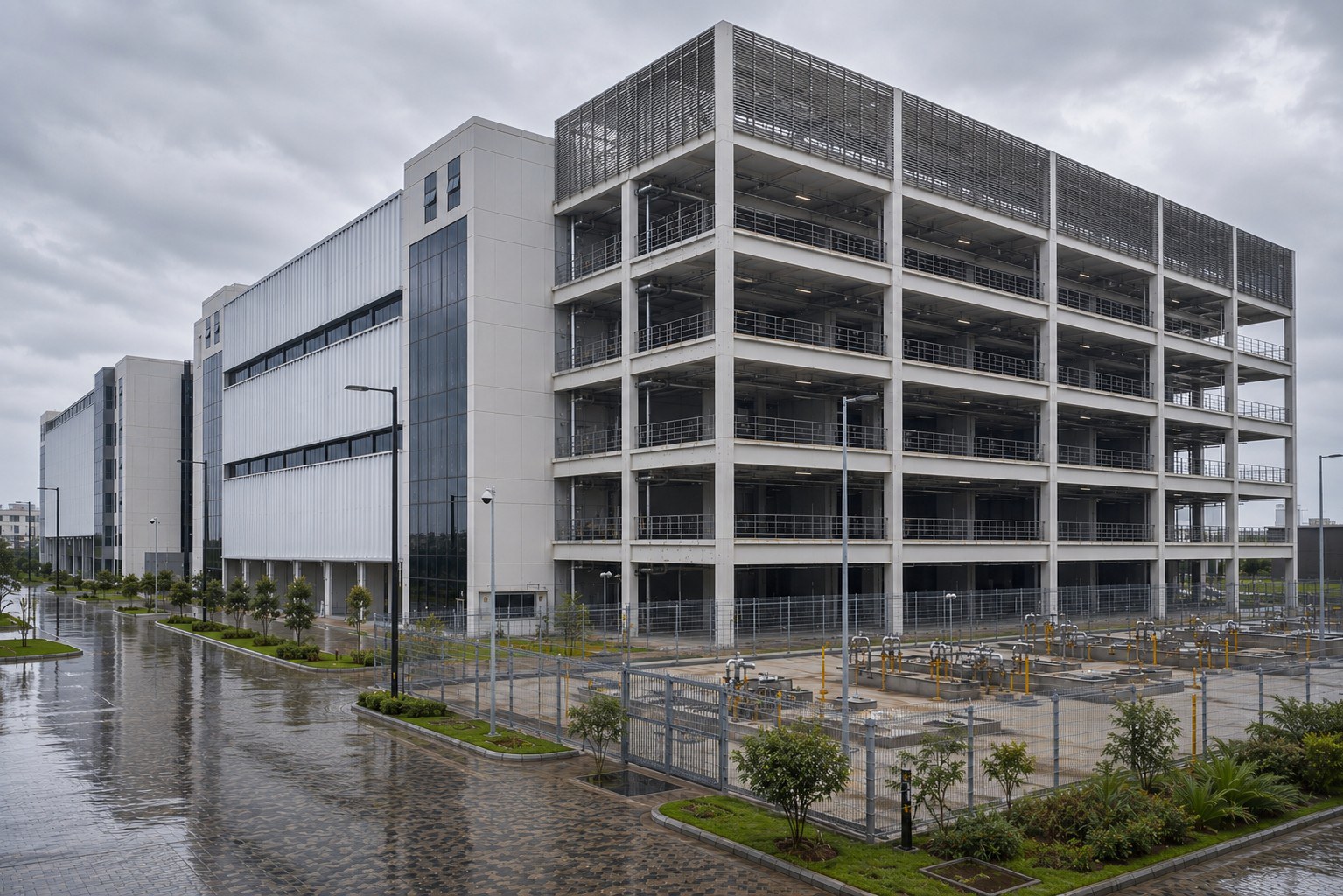 HN-1 Hyderabad in daylight, the 250 MW BFSI anchor campus with its completed structure and surrounding site works