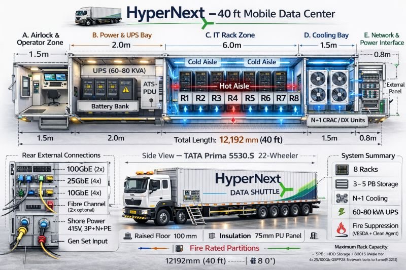 HyperNext Data Shuttle, annotated diagram of the 40 ft mobile data center: airlock and operator zone, power and UPS bay, IT rack zone with hot and cold aisles, cooling bay, and network and power interface, mounted on a Tata Prima 5530.S 22-wheeler